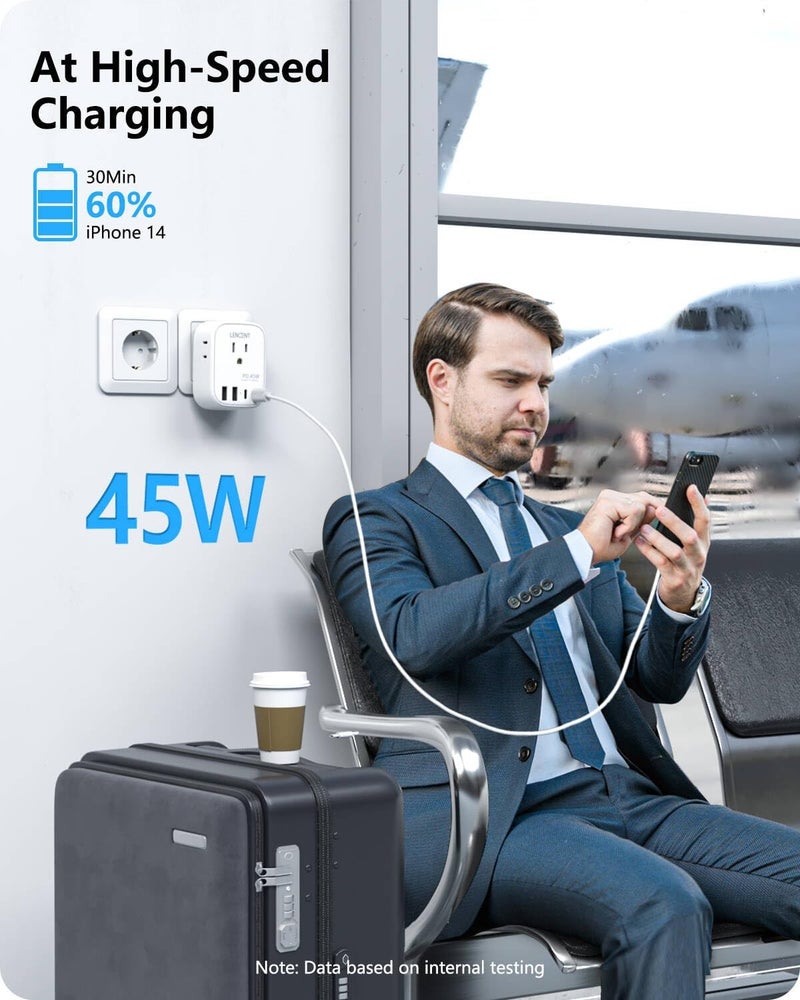 Lencent محول طاقة السفر إلى ألمانيا وفرنسا، شاحن سريع PD 45W USB C، محول شوكو نوع E F مع 4 مآخذ، أساسيات السفر من الولايات المتحدة إلى أوروبا، إسبانيا، اليونان، روسيا، ألمانيا، كوريا الجنوبية - Image 3